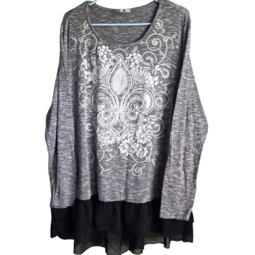 Cato Size 18/20W Whimsigoth Fleur-de-Lis Layered Ruffle Hem Graphic Tunic